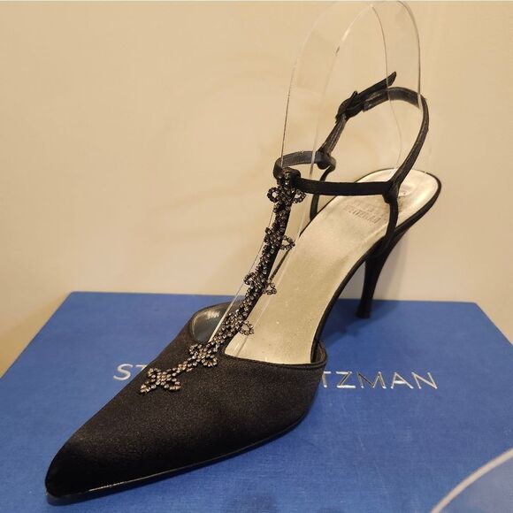 (image for) Stuart Weitzman Black Satin Crystal Rhinestone Jeweled T-strap Pumps Sz.8 $425